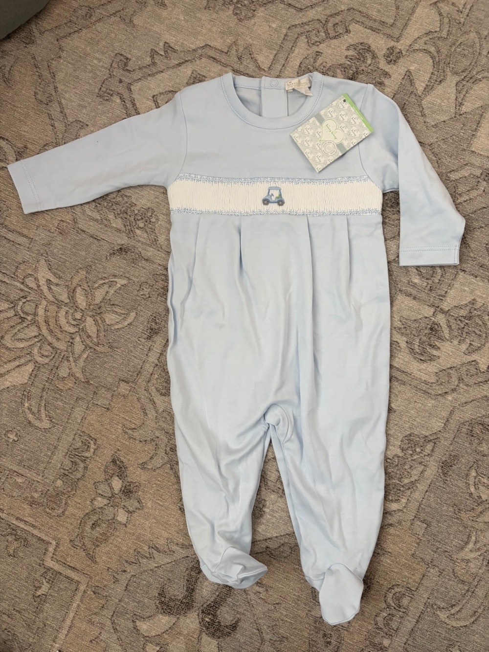 Kissy Kissy Light Blue Smocked One-Piece Pima Cotton Footie w Tractor